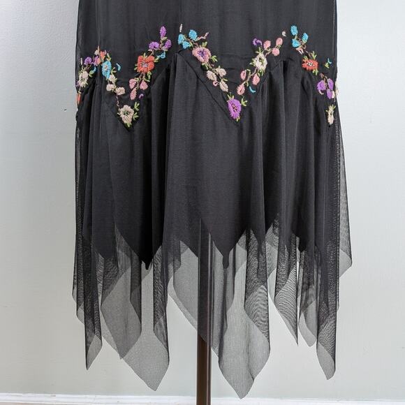 Y2K Midi Dress Cocktail Gown 14 Black Fairy Goth Vintage Floral Embroidery Mesh - Picture 2 of 12